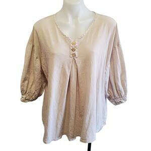 M. Rena Linen Blouse Oversized Med USA Made Boho Artsy Peasant Top Puff Sleeves
